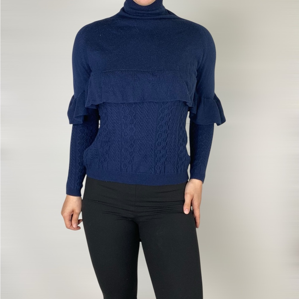 NAADAM 100% Merino Wool Volta Ruffle Mock Neck Sweater Navy Long Sleeve‎